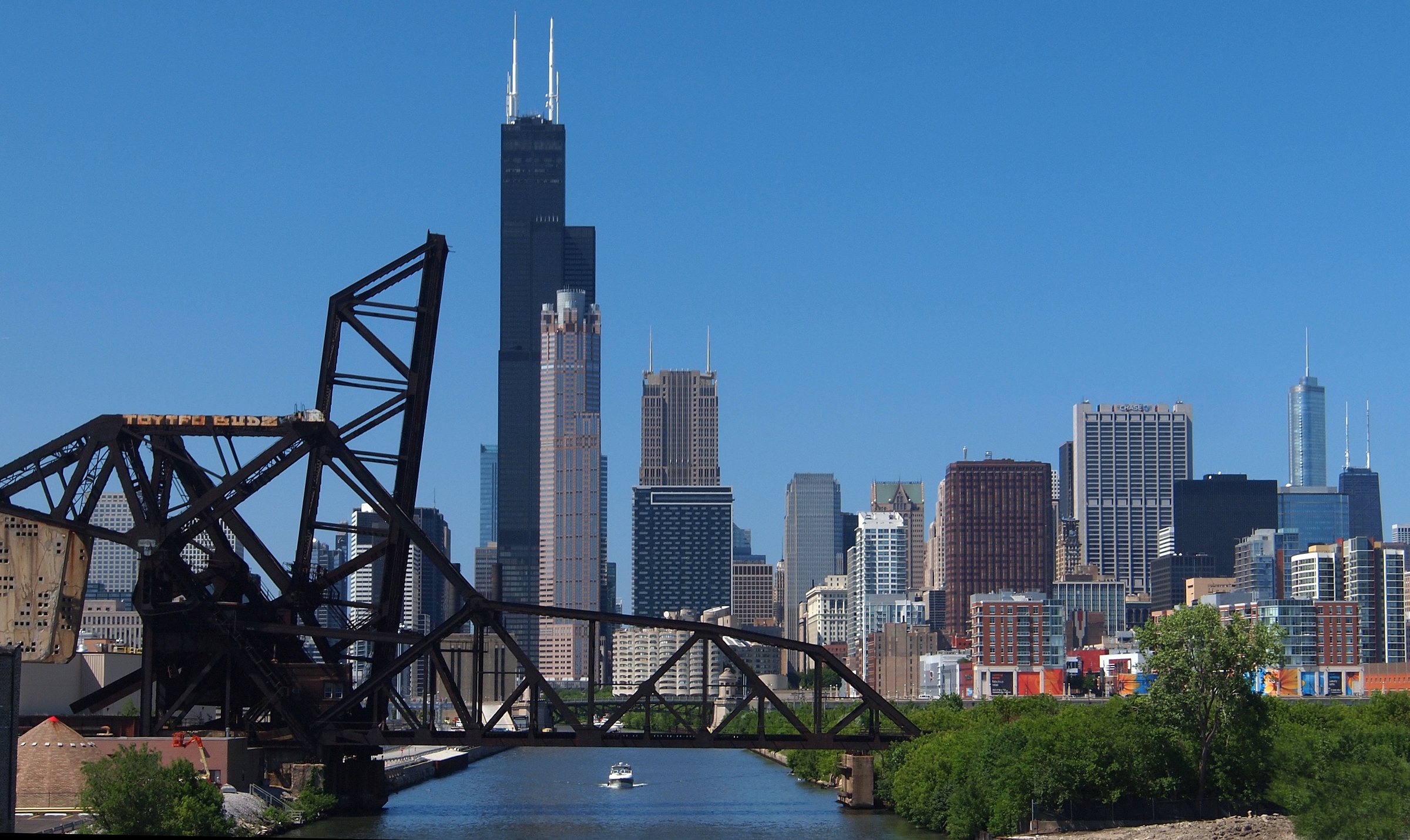The Chicago skyline from the 16th Street bridge, a steel bascule bridge in the foreground