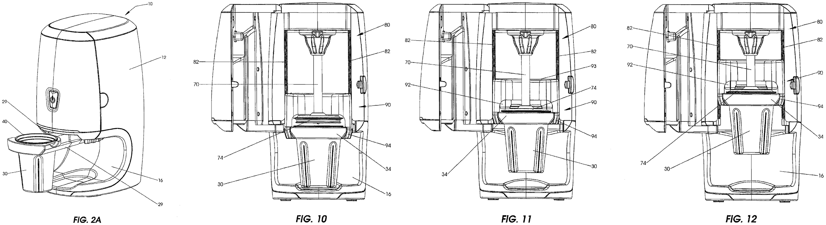 Four patent drawings of a countertop blending machine: a perspective view with a cup in its holder, and three cutaway views of an elevator lifting the cup toward a spindle