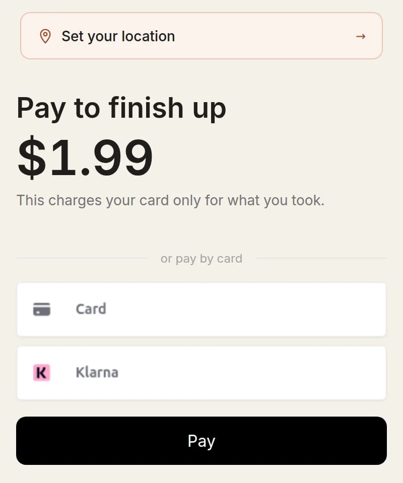 Phone checkout page reading Pay to finish up, $1.99, this charges your card only for what you took, with card and wallet options
